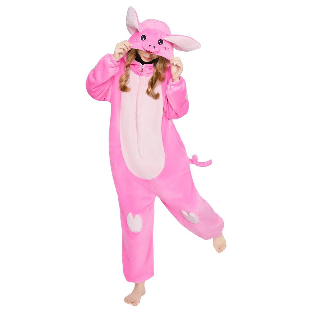 4364 Pig Adult Onesie, Flannel Unisex Animal Pajamas, Plush Cosplay Costume